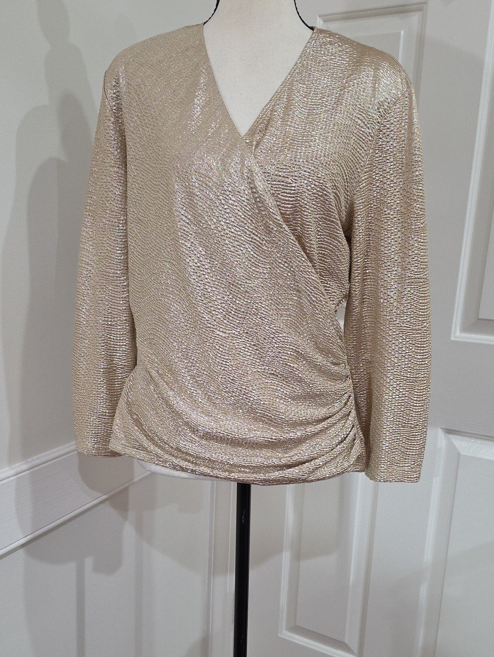 MSK Metallic Gold Long Sleeve Faux-Wrap Blouse - Ruched Side Draped Top ' Size L